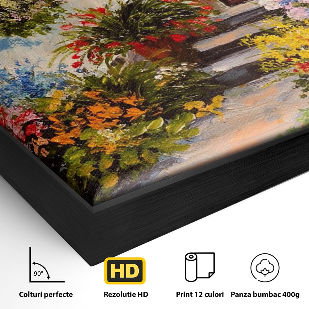 Detaliu al suprafetei: tablou canvas cu alee florala si casa, in rama de aluminiu negru